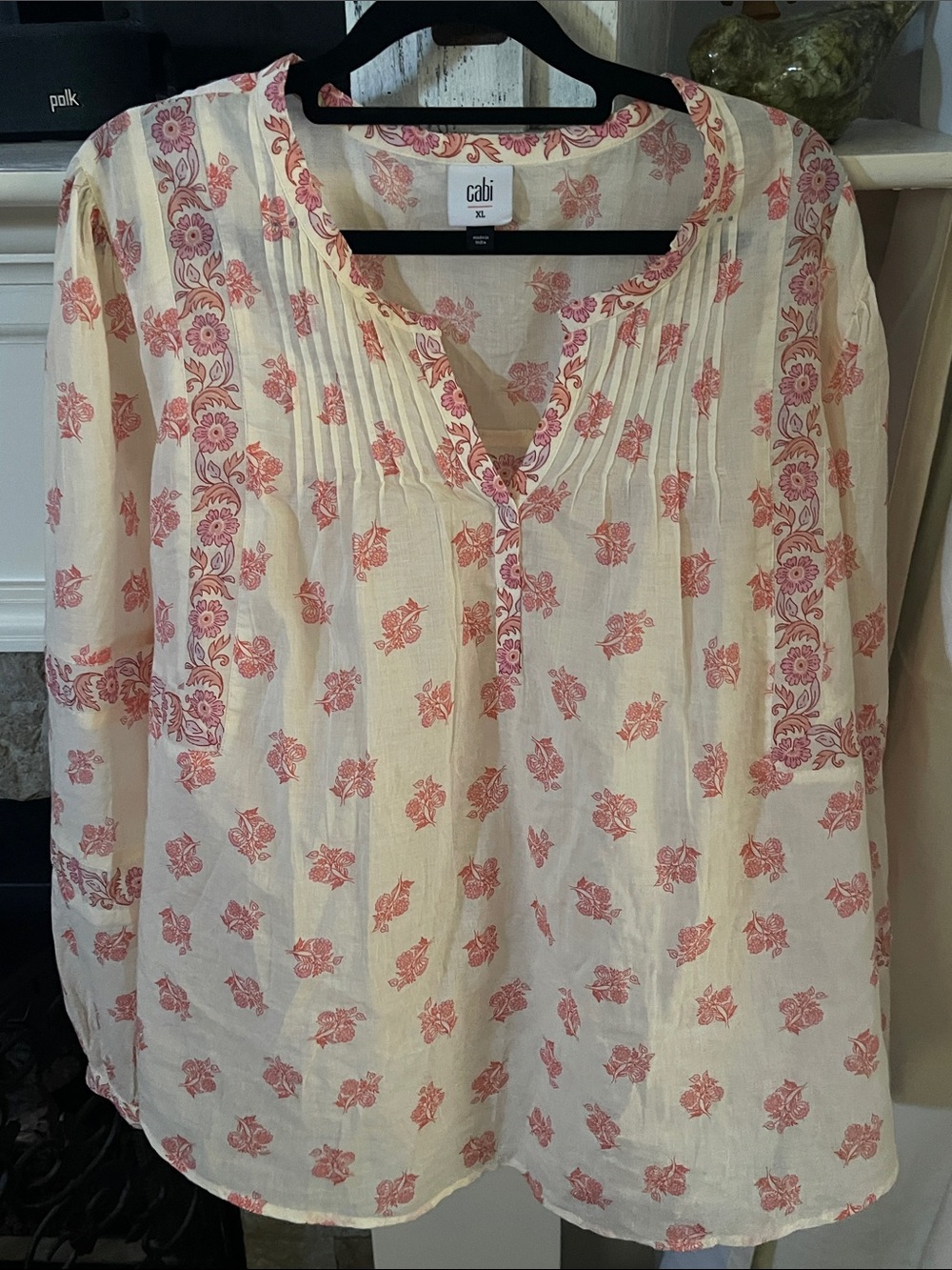 CAbi Cream Floral Pintuck Tunic with Pink Print-XL- NWOT